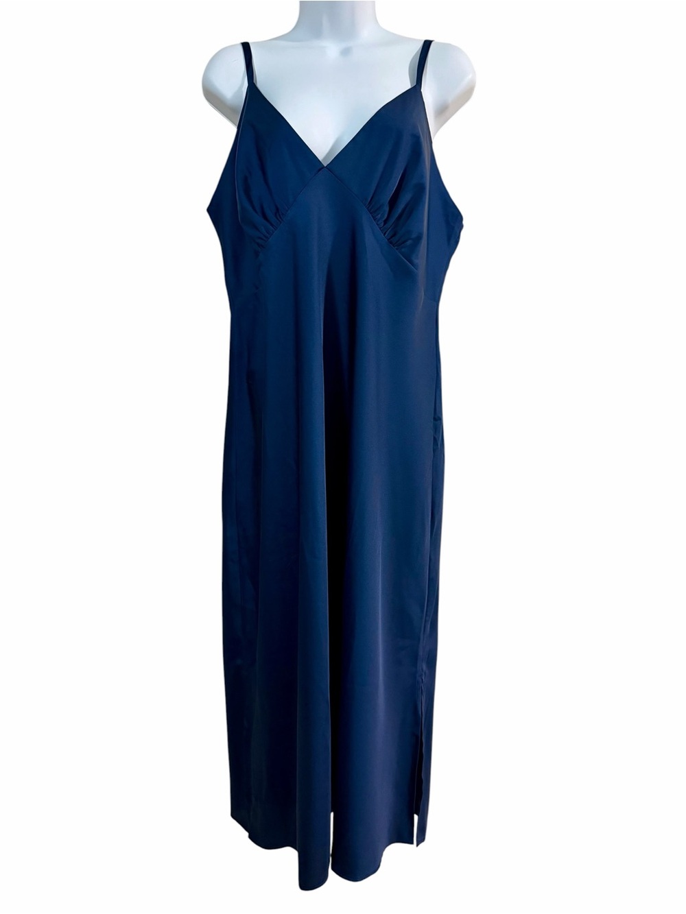 SOMA Navy Blue Stretch Luster Knit Night Gown Size XL Satin Spaghetti Straps - Picture 2 of 14